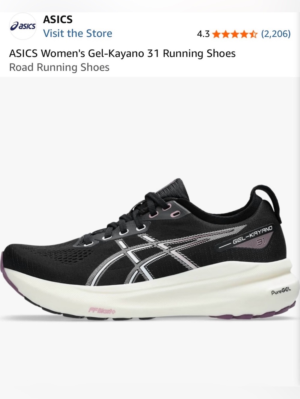 ASICS Women's Gel-Kayano 31 Running Shoes - Black/Pink/White - Size 8
